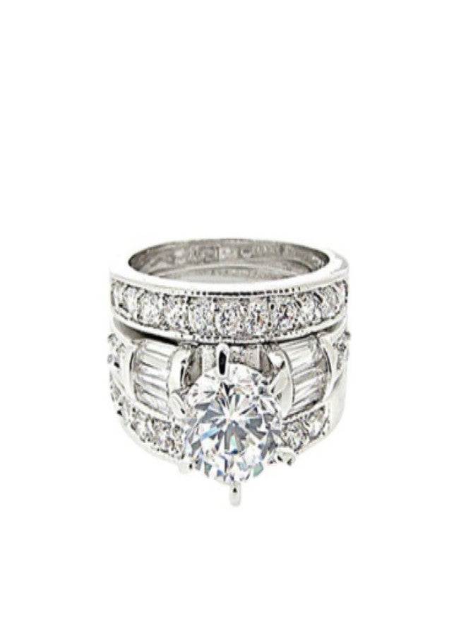 EUJHRTM 925 sterling silver round diamond set for fashionable women's three piece set with diamond engagement, elegant and elegant Mosang stone ring Size 7 - Image 3